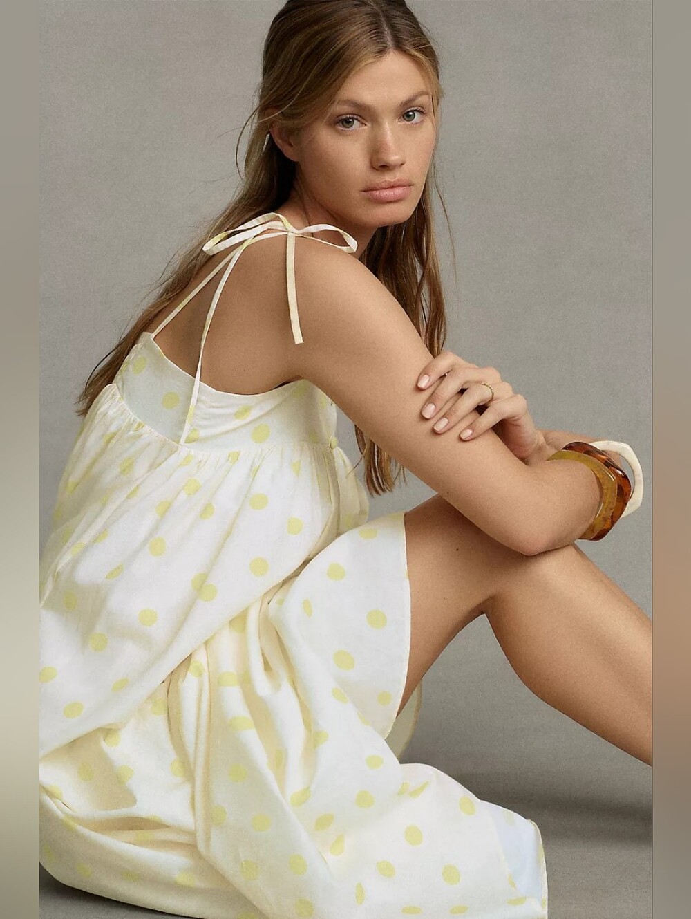 Anthro WHIT TWO White & Yellow Polka Dot Cotton Maxi Dress Medium